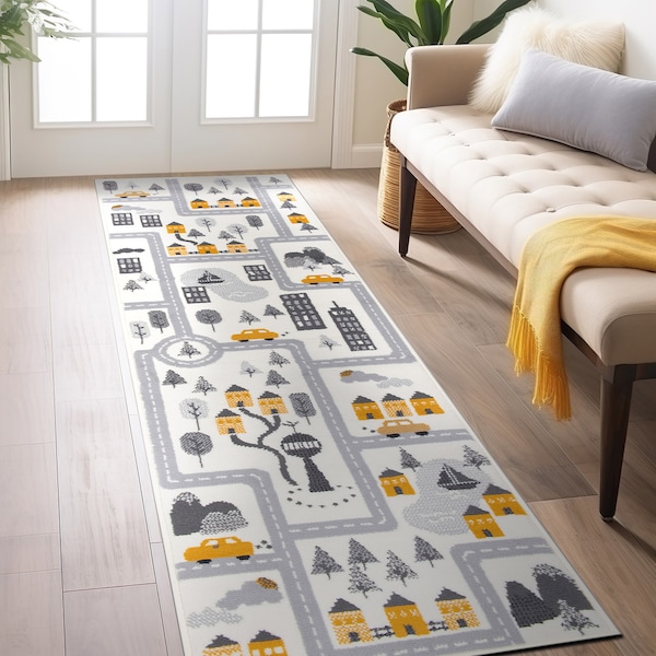 World Rug Gallery Kids Play Road Rug Interactive Cityscape for Cars and Toys Indoor Soft Runner Rug 2' x 7' Cream 3014CREAM2X7 - main